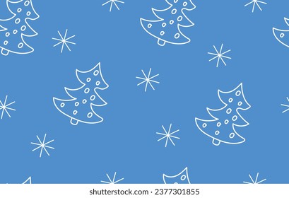 Winter seamless pattern with hand drawn Christmas trees and snowflakes on blue background. Wrapping paper, event, party greeting, Christmas concept.