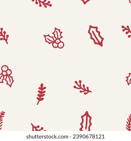 Winter seamless pattern with hand drawn branches and floral print. Background for wrapping paper, packaging, gift wrap, scrapbooking, stationary, wallpaper, textile prints