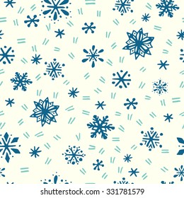 Winter seamless pattern with hand drawn snowflakes and icy scratches.