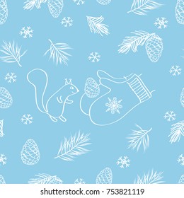 Winter seamless pattern with hand drawn cones, pine spruce and squirrel. Merry Christmas. Happy New Year. Vector.