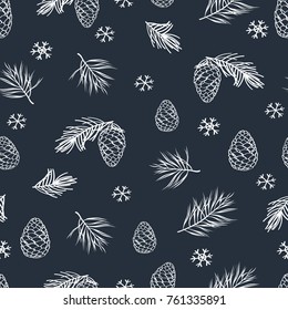 Winter seamless pattern with hand drawn cones and pine spruce. Hand drawn Christmas, New Year elements with chalk on the blackboard. Vector illustrator.