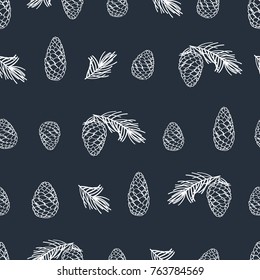 Winter seamless pattern with hand drawn cones and pine spruce. Hand drawn elements with chalk on the blackboard. Vector.