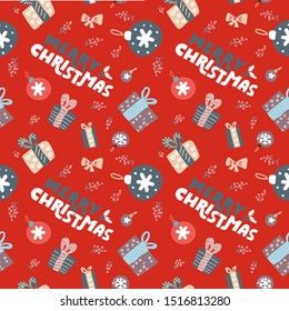 Winter seamless pattern with hand written typography and Christmas cartoon elements. Cute vector background with gift boxes, balls, berries. Red repeating texture for New Year holidays
