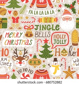 Winter seamless pattern with hand written typography and Christmas cartoon characters. Cute vector background with Santa Claus, reindeer, snowman. Repeating texture for New Year holidays.