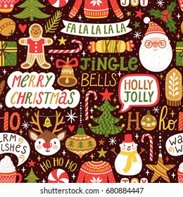 Winter seamless pattern with hand written typography and Christmas cartoon characters. Cute vector background with Santa Claus, reindeer, snowman. Repeating texture for New Year holidays.