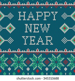 Winter seamless pattern with Happy New Year text. Sweater design with new year trees on the wool knitted texture. Vector beige, green and red Christmas and new year ornament