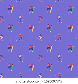 Winter seamless pattern. Happy people snowboarding and skiing at ski resort. Winter activities, winter vacation, walking outdoor for greeting card. Vector illustration in flat design