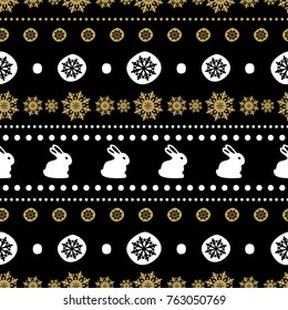 Winter seamless pattern with hare and snowflakes. Vector illustration.