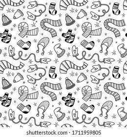 Winter seamless pattern with hats, mittens, socks, scarf. Ideal for background, wallpaper, textile, backdrop, wrapping paper. Pattern design.