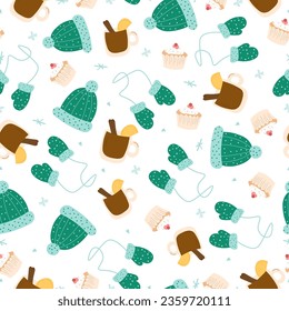 Winter seamless pattern with hats, mittens, mulled wine and muffins on a white background.