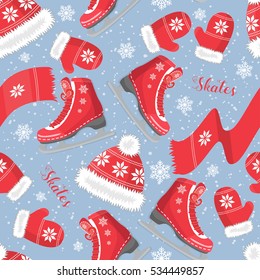 Winter seamless pattern with hats, mittens, scarves and the skates. Decorated with snowflakes.