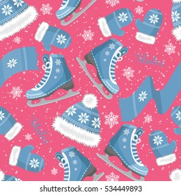 Winter seamless pattern with hats, mittens, scarves and the skates. Decorated with snowflakes.
