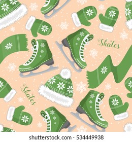 Winter seamless pattern with hats, mittens, scarves and the skates. Decorated with snowflakes.