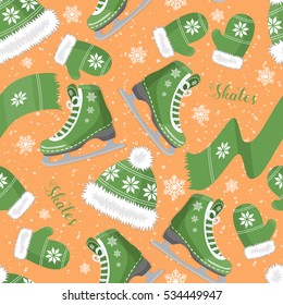 Winter seamless pattern with hats, mittens, scarves and the skates. Decorated with snowflakes.