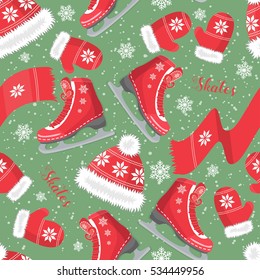 Winter seamless pattern with hats, mittens, scarves and the skates. Decorated with snowflakes.
