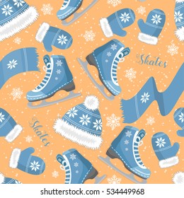 Winter seamless pattern with hats, mittens, scarves and the skates. Decorated with snowflakes.