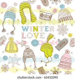 Winter seamless pattern with hats, mittens