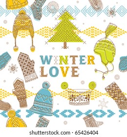 Winter seamless pattern with hats, mittens and socks