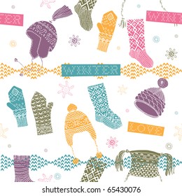 Winter seamless pattern with hats, mittens and socks