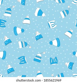 El invierno es fluido con sombreros de invierno de fondo azul. Cuto vector invierno ropa de punto caliente de invierno al estilo de dibujos animados. Ilustración vectorial de Navidad. Diseño de vacaciones para tela, textil, papel pintado.