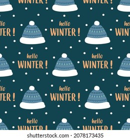 winter seamless pattern with hats on blue background, cute vector warm knitted clothes in cartoon style, congratulated wallpaper