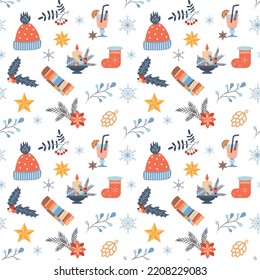 Winter seamless pattern with hats and scarves. vector illustration