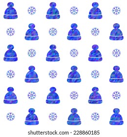 Winter seamless pattern with hats and snowflakes