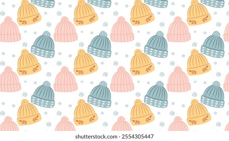 Winter seamless pattern with hats in vector. 