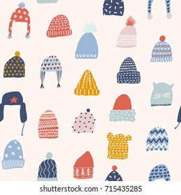 Winter seamless pattern with hats in vector. Christmas illustration collection.