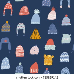 Winter seamless pattern with hats in vector. Christmas wintertime illustration collection.