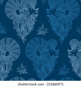 Winter seamless pattern with head sheep and snowflakes.Symbol 2015 year sheep.Use for fabric,Wallpaper,background,wrapping paper. Mehendi style