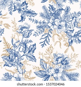 Winter seamless pattern with hellebore flowers, ferns, conifers, eucalyptus seeds. Christmas vintage background. Botanical illustration. Blue and gold.
