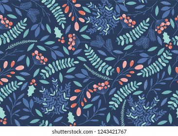 Winter seamless pattern with holly berries, branches and leaves. Vector illustrations