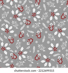 Winter seamless pattern with holly berries and snowflakes. Christmas backgrounds. 