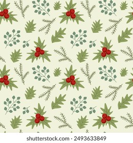 Winter seamless pattern with holly berries, fir branches and leaves. Christmas decoration wallpaper. Texture with holiday elements for textile or wrapping paper.