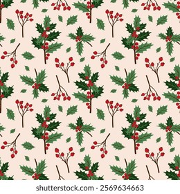 Winter seamless pattern with holly berries.Repeating background for wrapping paper, fabric, stationary products decoration. Winter holidays vector texture.