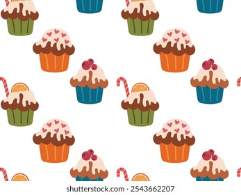Winter seamless pattern with homemade Christmas cupcakes decorated with oranges and sugar cane. Vector illustration for gift wrapping paper, wallpaper, textile.