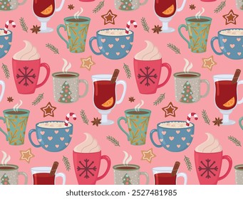 Winter seamless pattern with hot drinks, sweets and pines on pink backdrop. Background of hand drawn christmas cups	