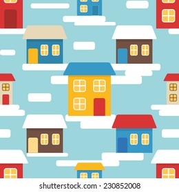 Winter seamless pattern with houses in flat style
