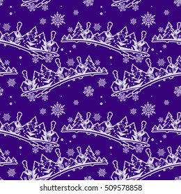 Winter seamless pattern with houses. Forest, snowflakes. Vector clip art.