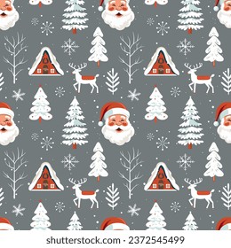Winter seamless pattern with houses and snowy trees. Christmas vector pattern. Winter background.