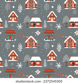 Winter seamless pattern with houses and snowy trees. Christmas vector pattern. Winter background.