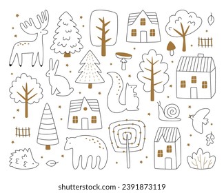 Winter seamless pattern with houses, tree plants and cute squirrel, bear, bear, snail, hare, bird, hedgehog and deer forest animals simple lined vector illustration design. Wintertime season