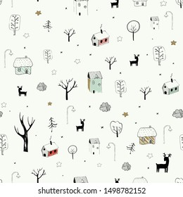 Winter seamless pattern  with houses trees and deer for Christmas fabrics and decor. hand drawn vector illustration.