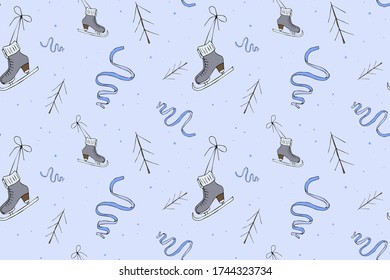 Winter seamless pattern with the image of skates, ribbons, tree. Vector illustration for printing christmas card, wrapping paper, fabric.