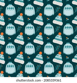 winter seamless pattern jacket and beanie for fabric, paper, background design