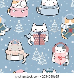 Winter Seamless Pattern Kawaii Cute Cats, Cartoon Animals Background, Vector Illustration