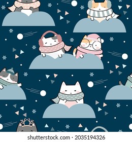 Winter Seamless Pattern Kawaii Cute Cats, Cartoon Animals Background, Vector Illustration