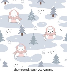 Winter Seamless Pattern Kawaii Cute Cats, Cartoon Animals Background, Vector Illustration