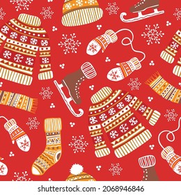 Winter seamless pattern with knitted clothes sweater, mittens, socks, skates. Vector illustration.